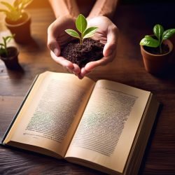 uma mesa vista de cima, em cima da mesa há um livro aberto, e mais perto da câmera há uma mão segurando uma planta que está nascendo, a planta é verde. todo o ambiente tem um ar de esperança